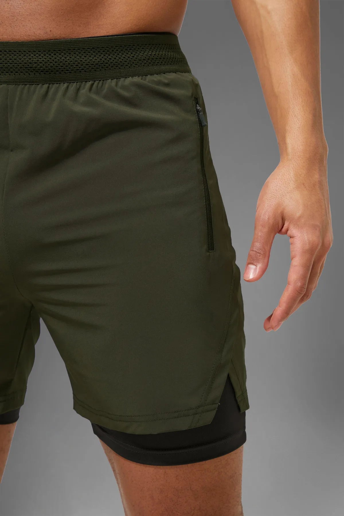 Haki Unisex Gym Ve Fitness Astarlı Taytlı Şort / Gizli Cep Detaylı