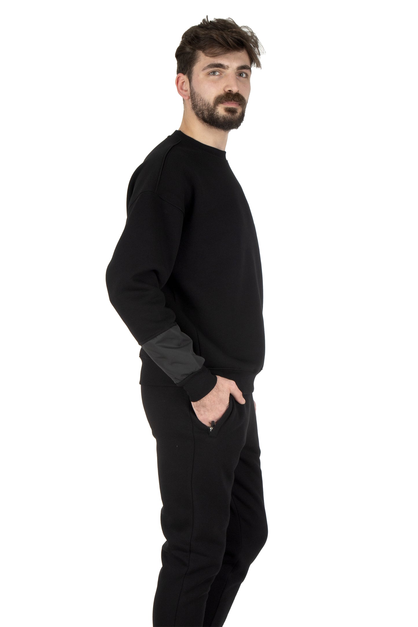 NTB Siyah Oversize Sweatshirt Şardonlu PVC Kol Detaylı