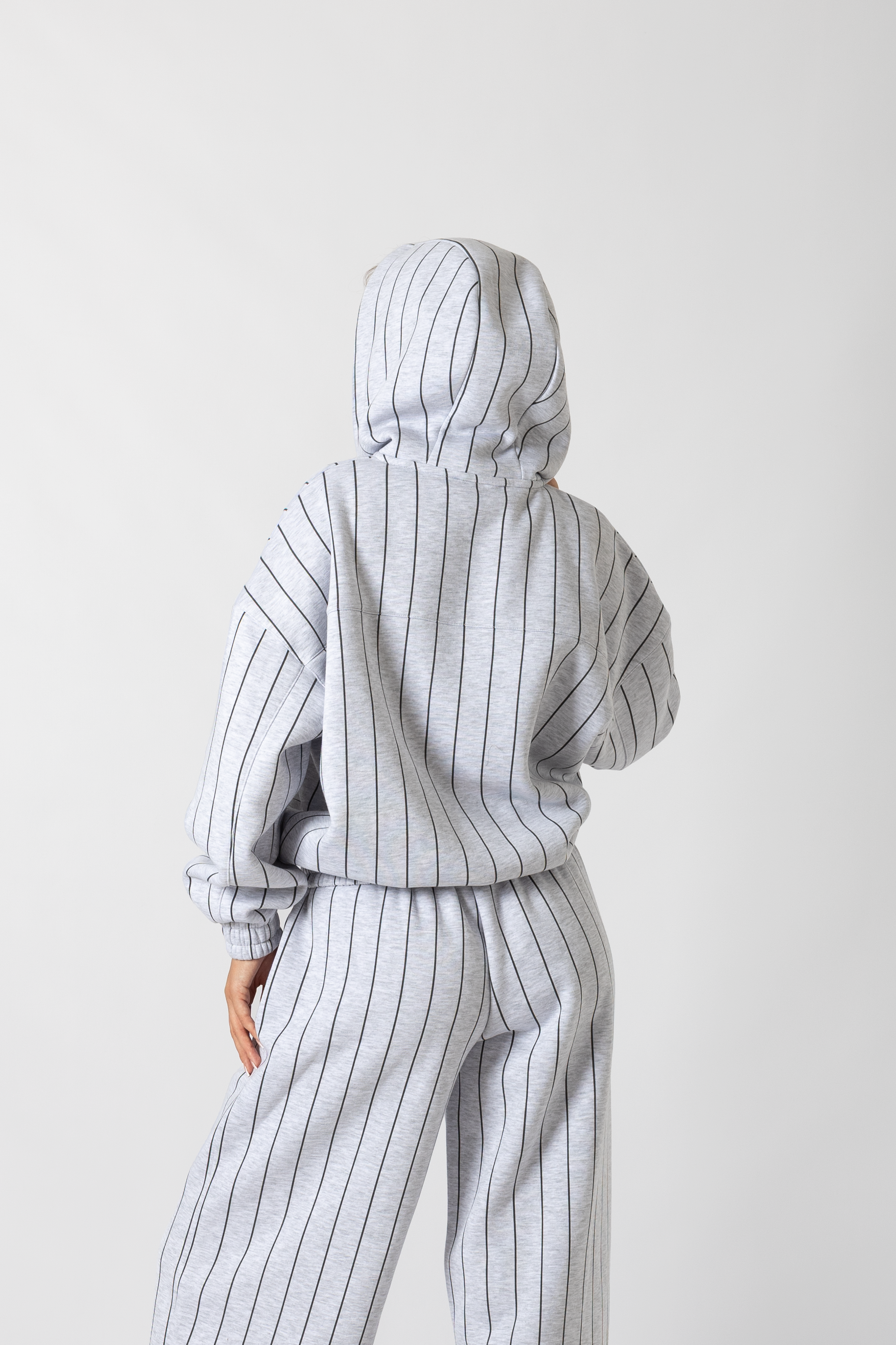 Gri Çizgili Hoodie Fermuarlı Kapüşonlu Kadın
