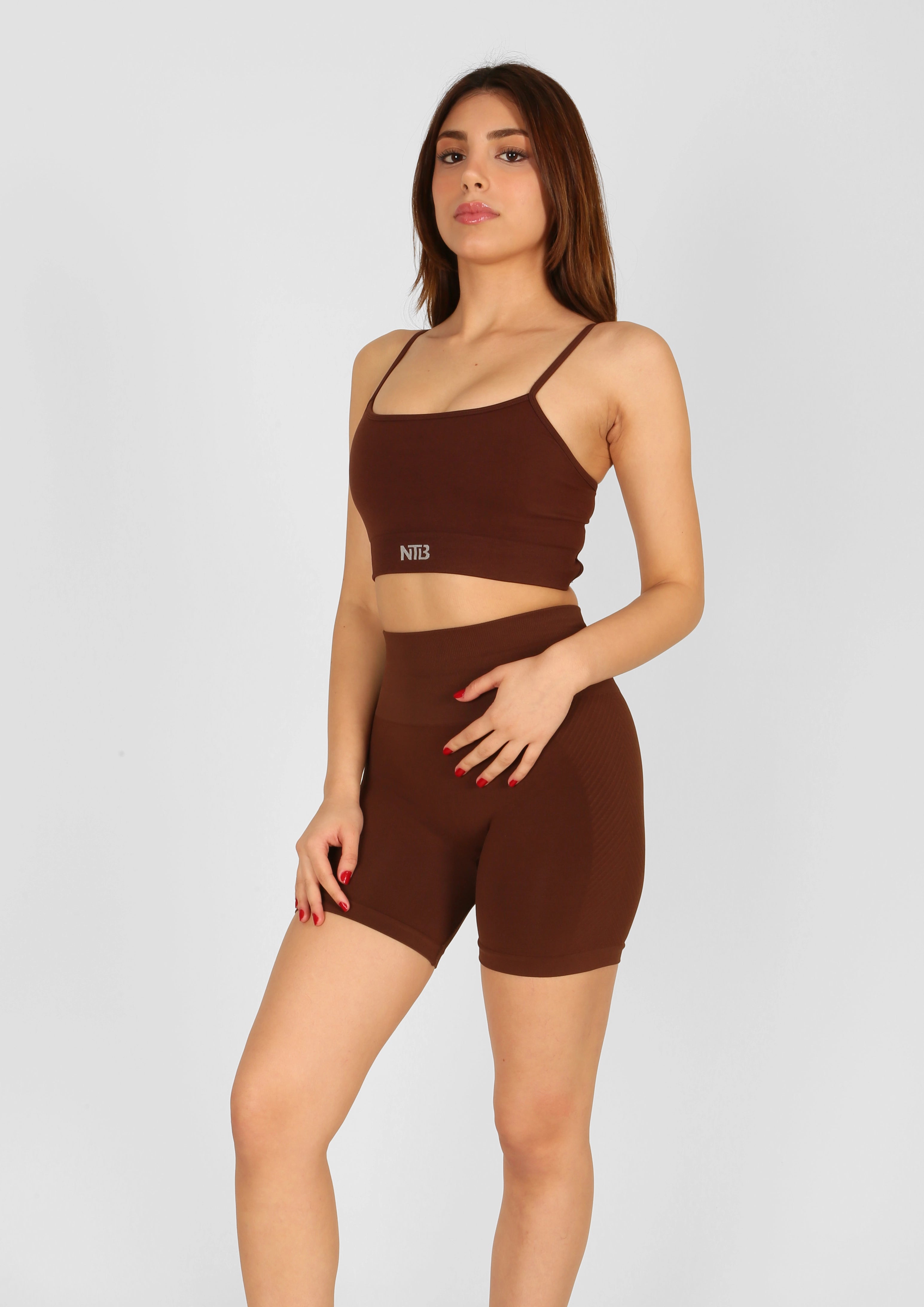 Yüksek Bel Büzgülü Push-Up Spor Şort Kahverengi