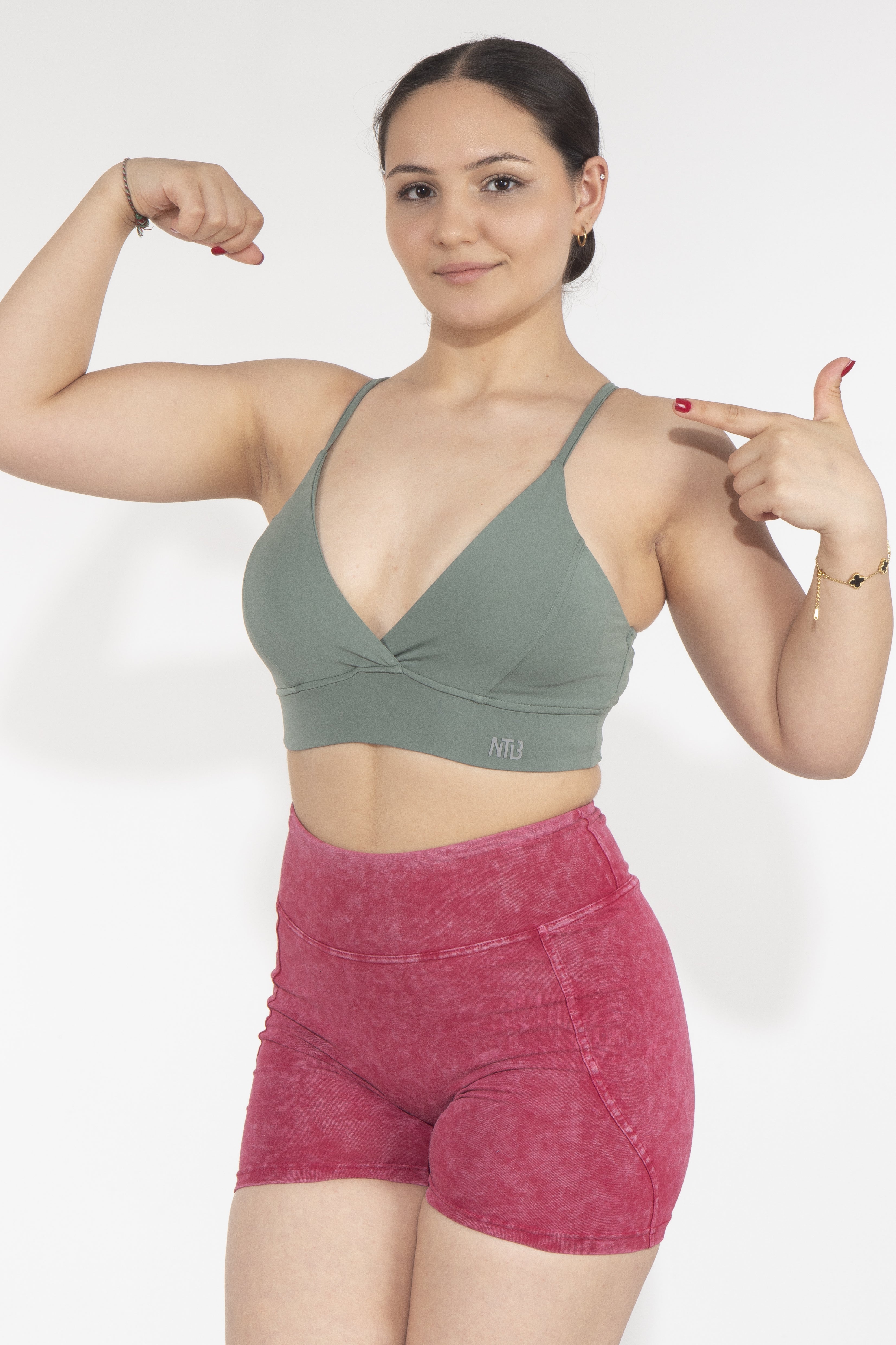 Dikişli Dekolteli Khaki Sporcu Bra