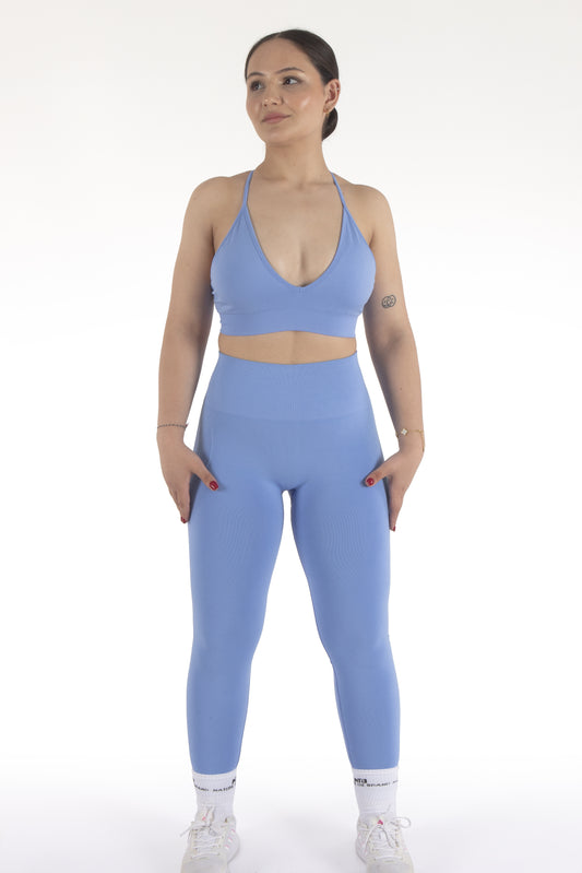 Yüksel Bel Dikişsiz ve Büzgüsüz Kalça Toparlayıcı Spor Tayt Mavi