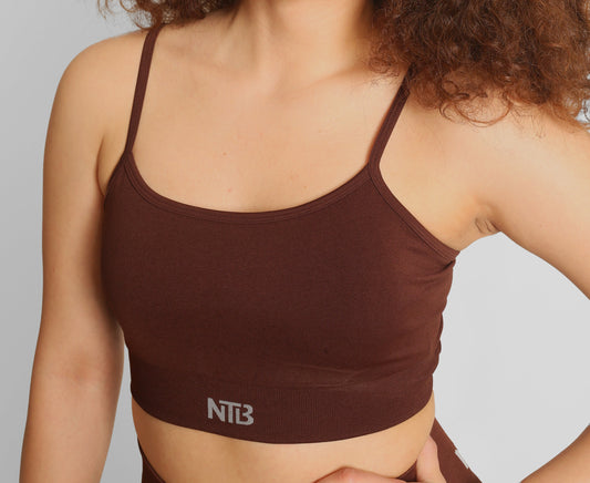 Çapraz İpli Sırt Dekolteli Dikişsiz Sporcu Sutyeni Kahverengi