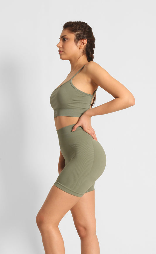 Yüksek Bel Büzgülü Push-Up Spor Şort Haki