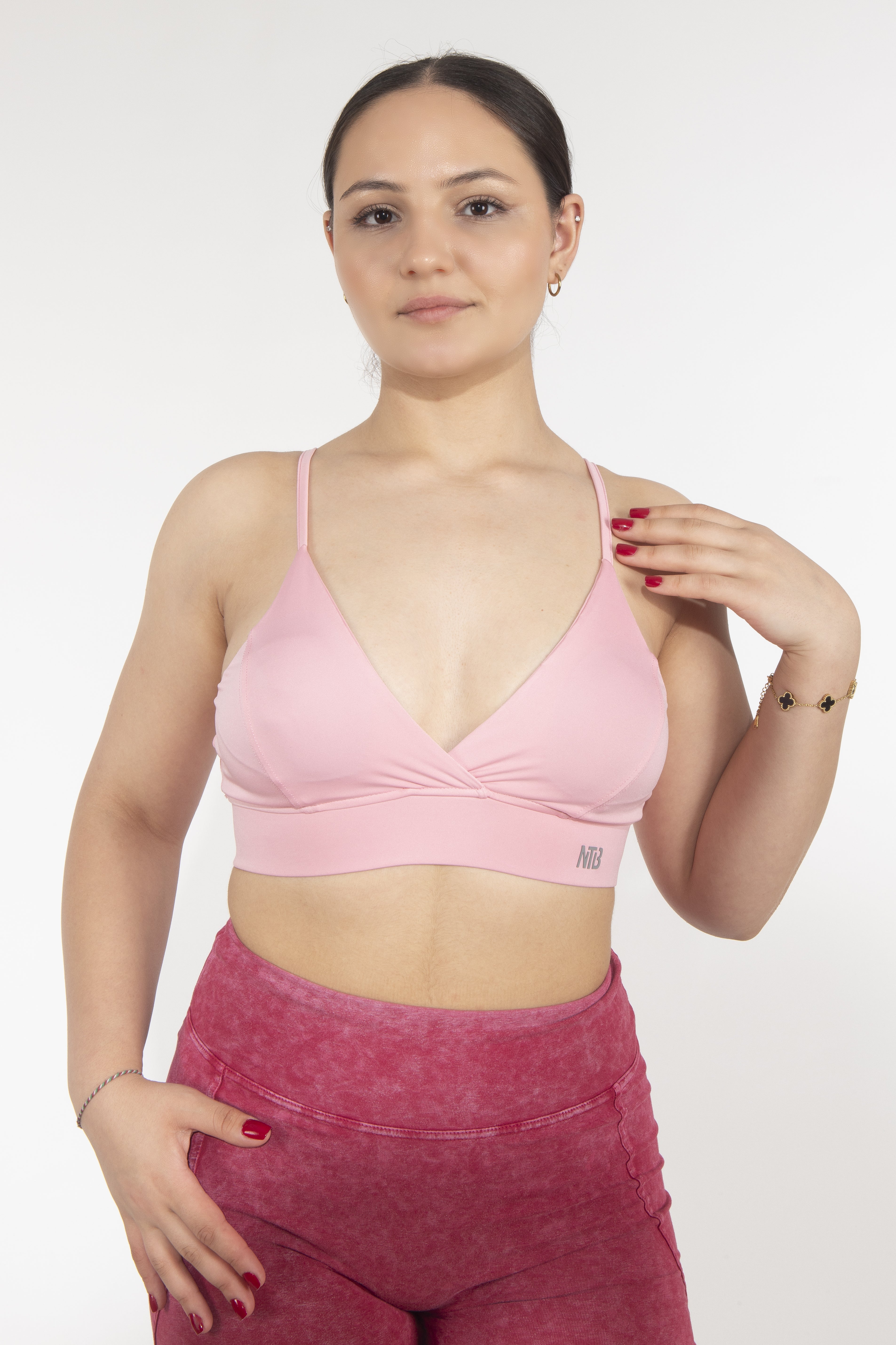 Dikişli Dekolteli Pink Sporcu Bra