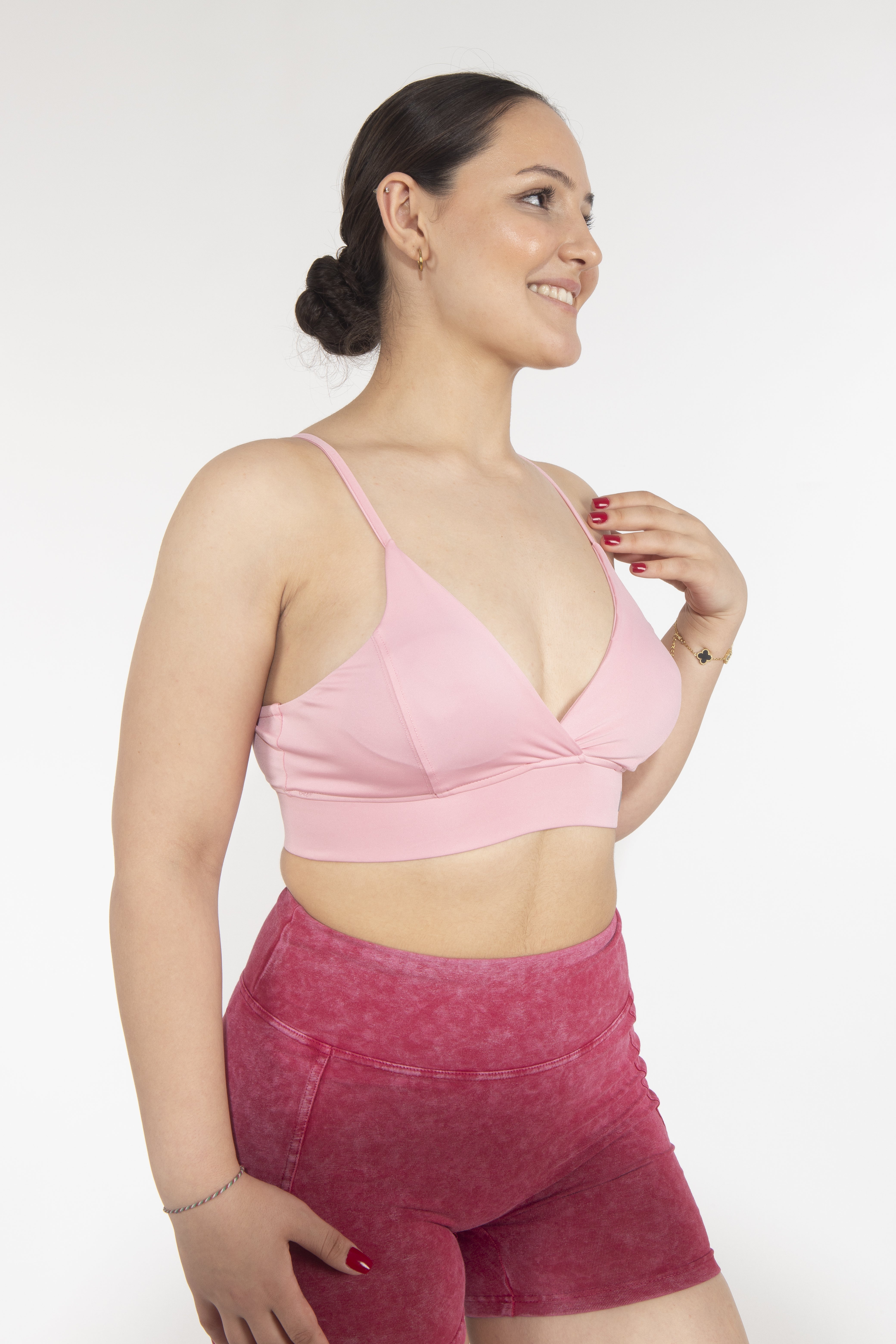 Dikişli Dekolteli Pink Sporcu Bra