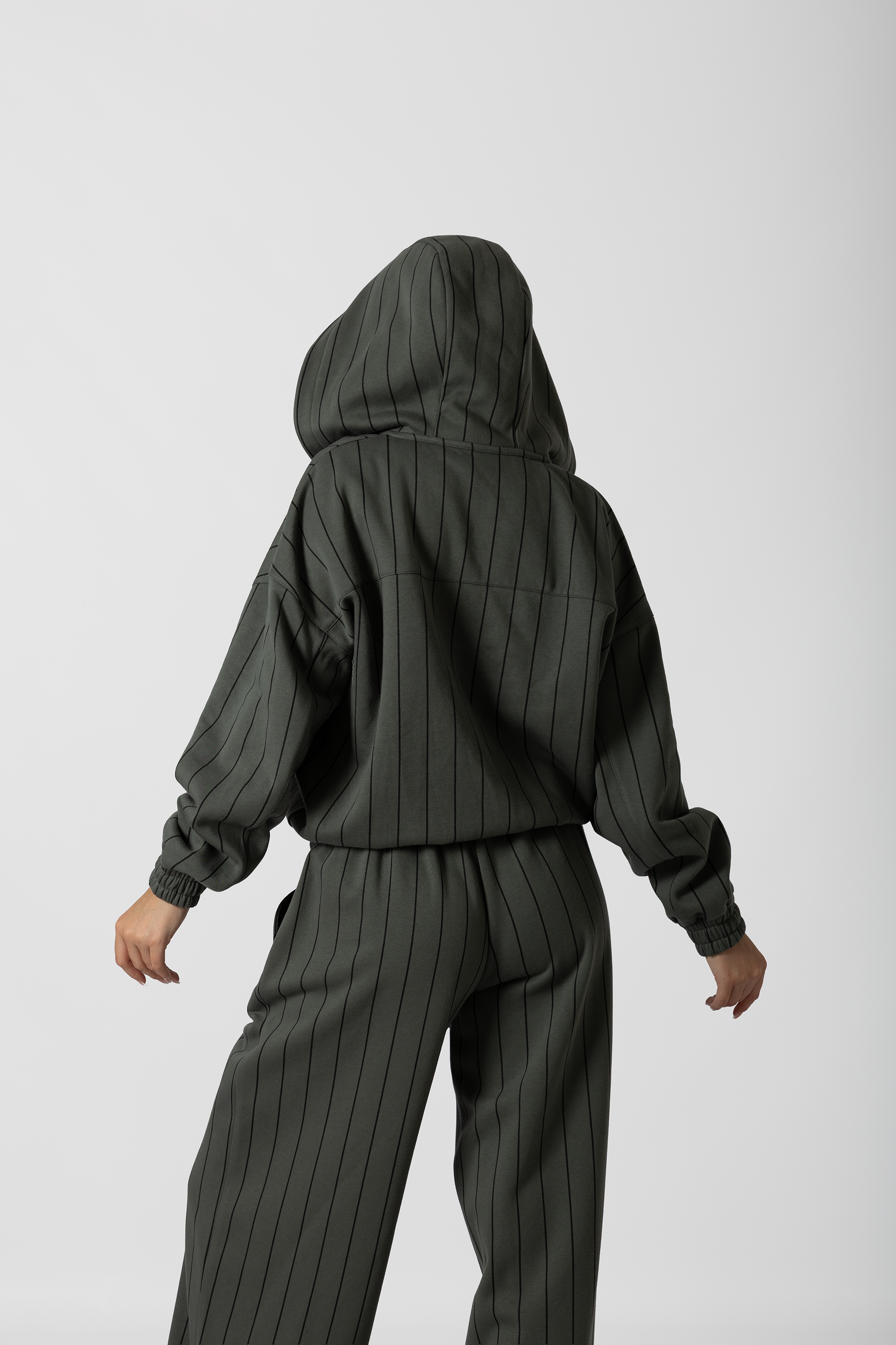 Yeşil Çizgili Hoodie Fermuarlı Kapüşonlu Kadın