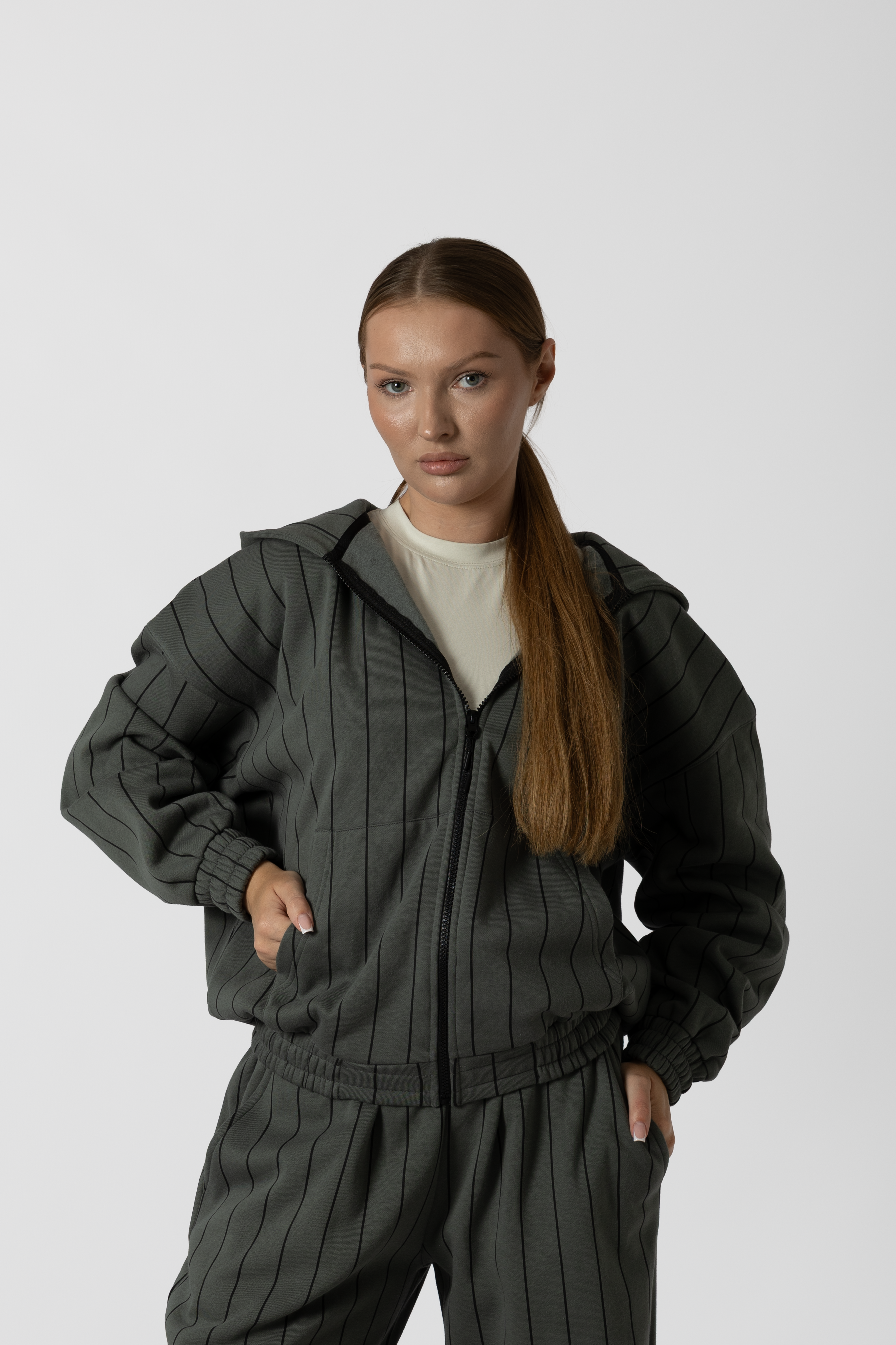 Yeşil Çizgili Hoodie Fermuarlı Kapüşonlu Kadın