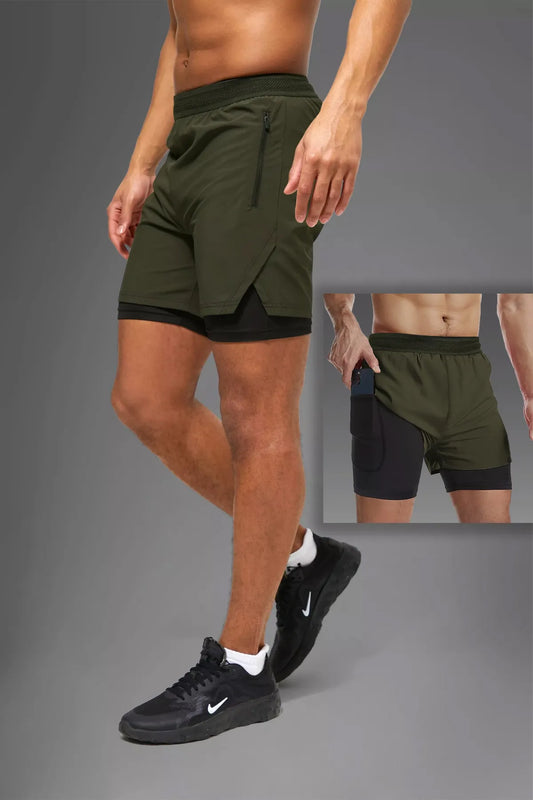 Khaki Unisex Gym Ve Fitness Astarlı Taytlı Şort / Gizli Cep Detaylı / Örme Lastikli