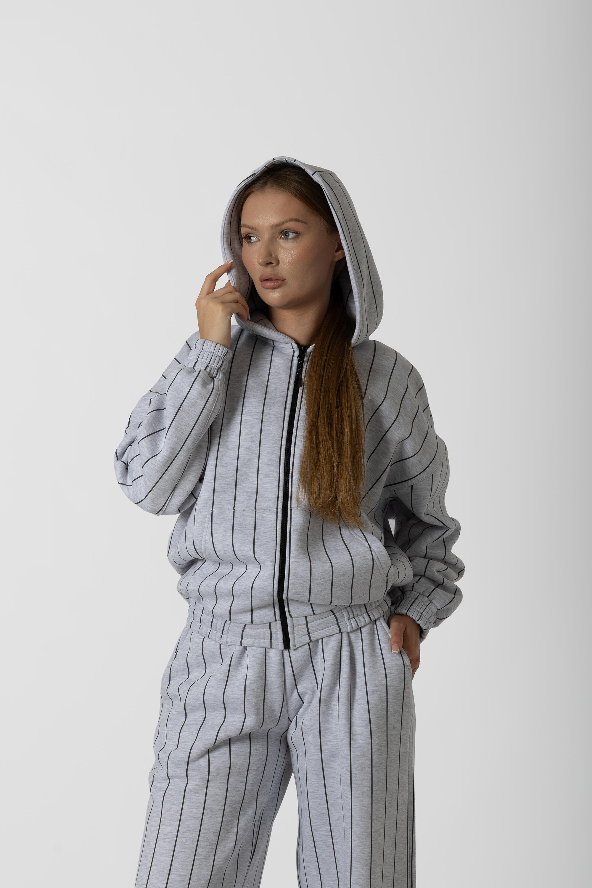 Gri Çizgili Hoodie Fermuarlı Kapüşonlu Kadın