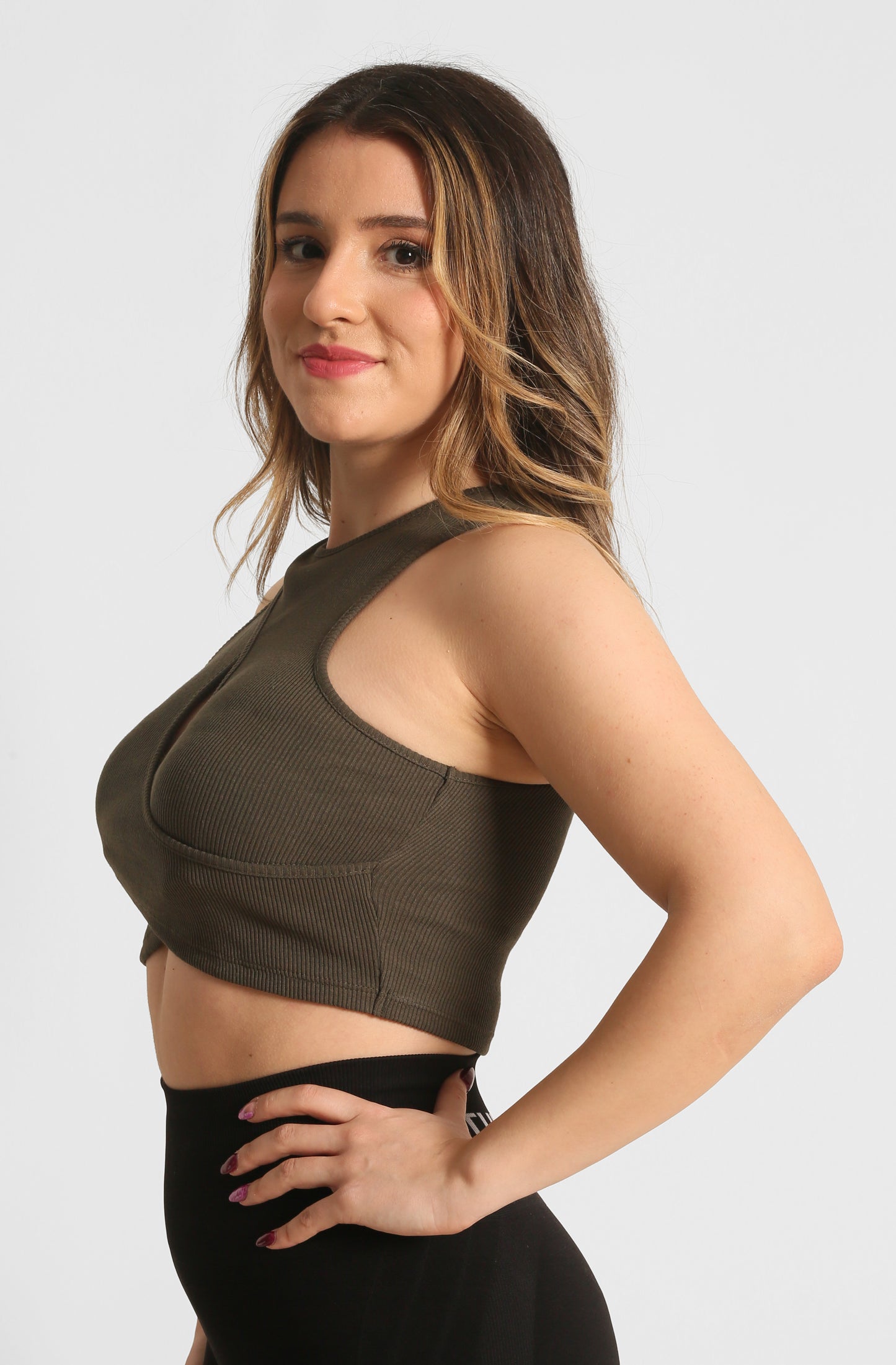 NTB Cleavage Ribbed Top Khaki