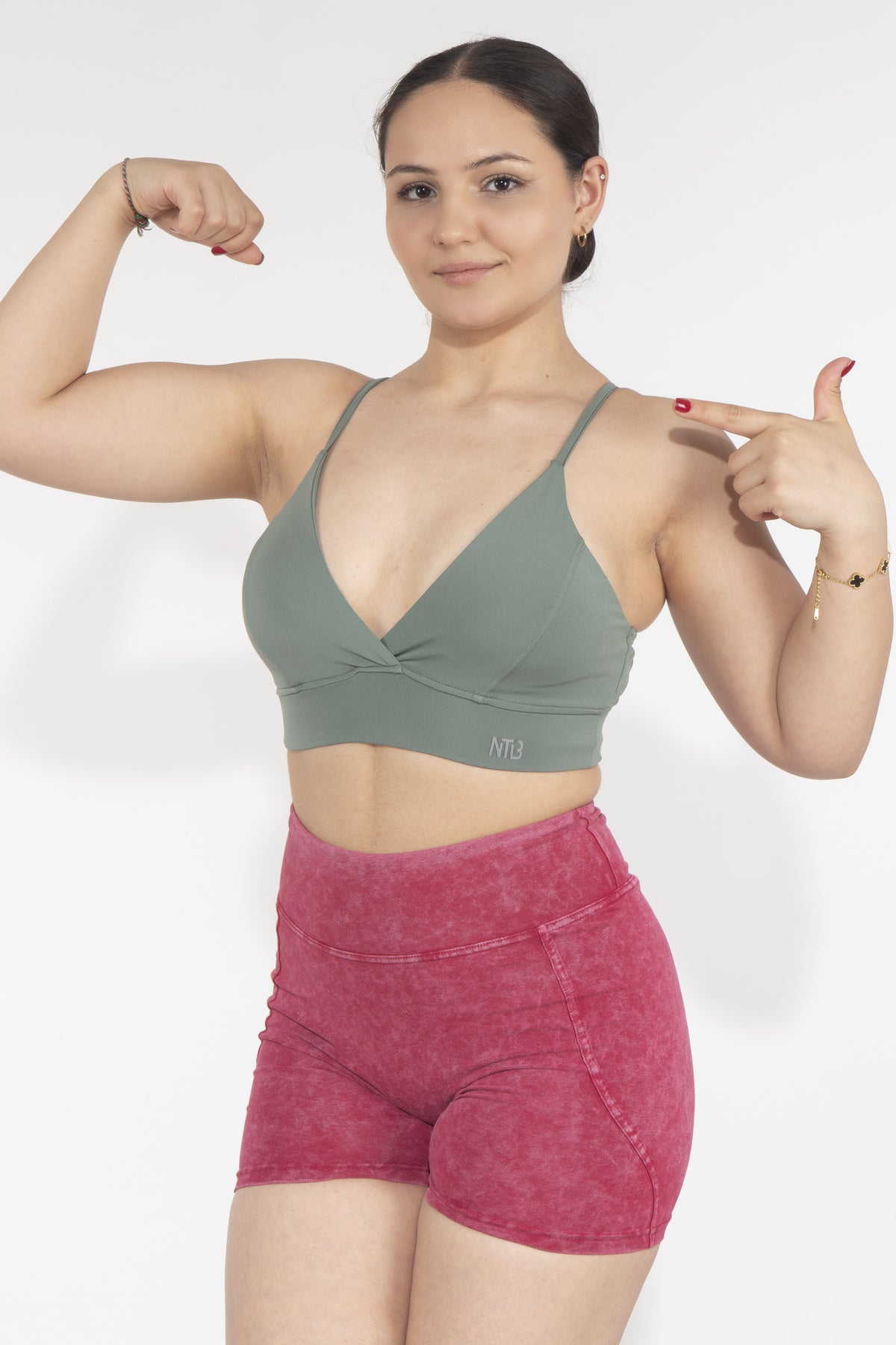 Dikişli Dekolteli Khaki Sporcu Bra