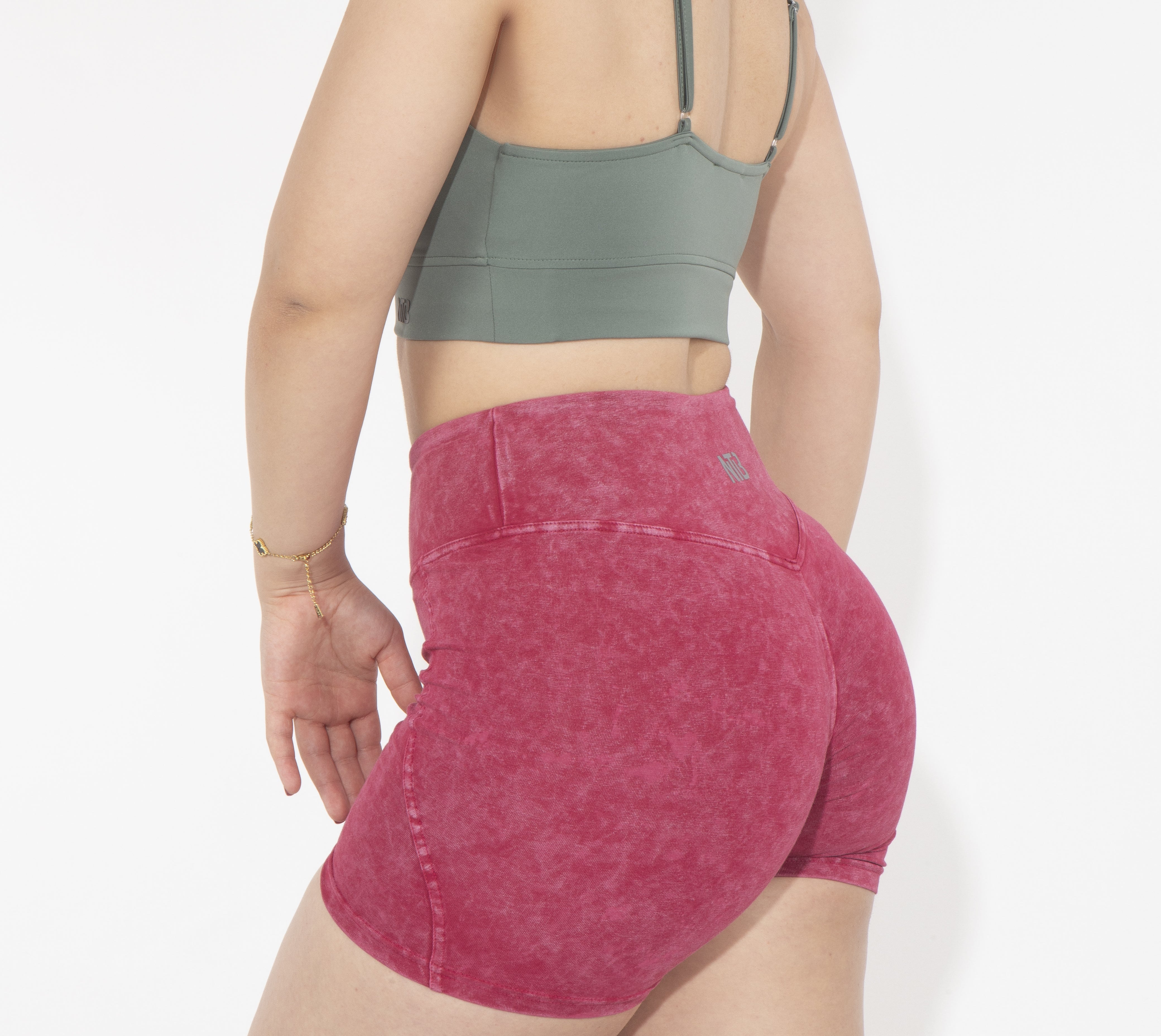 Büzgülü Yüksek Bel Kısa Tayt Şort Pembe