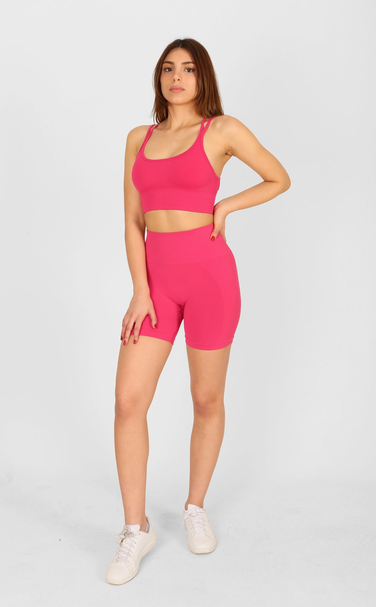 Yüksek Bel Büzgülü Push-Up Spor Tayt Şort Pembe