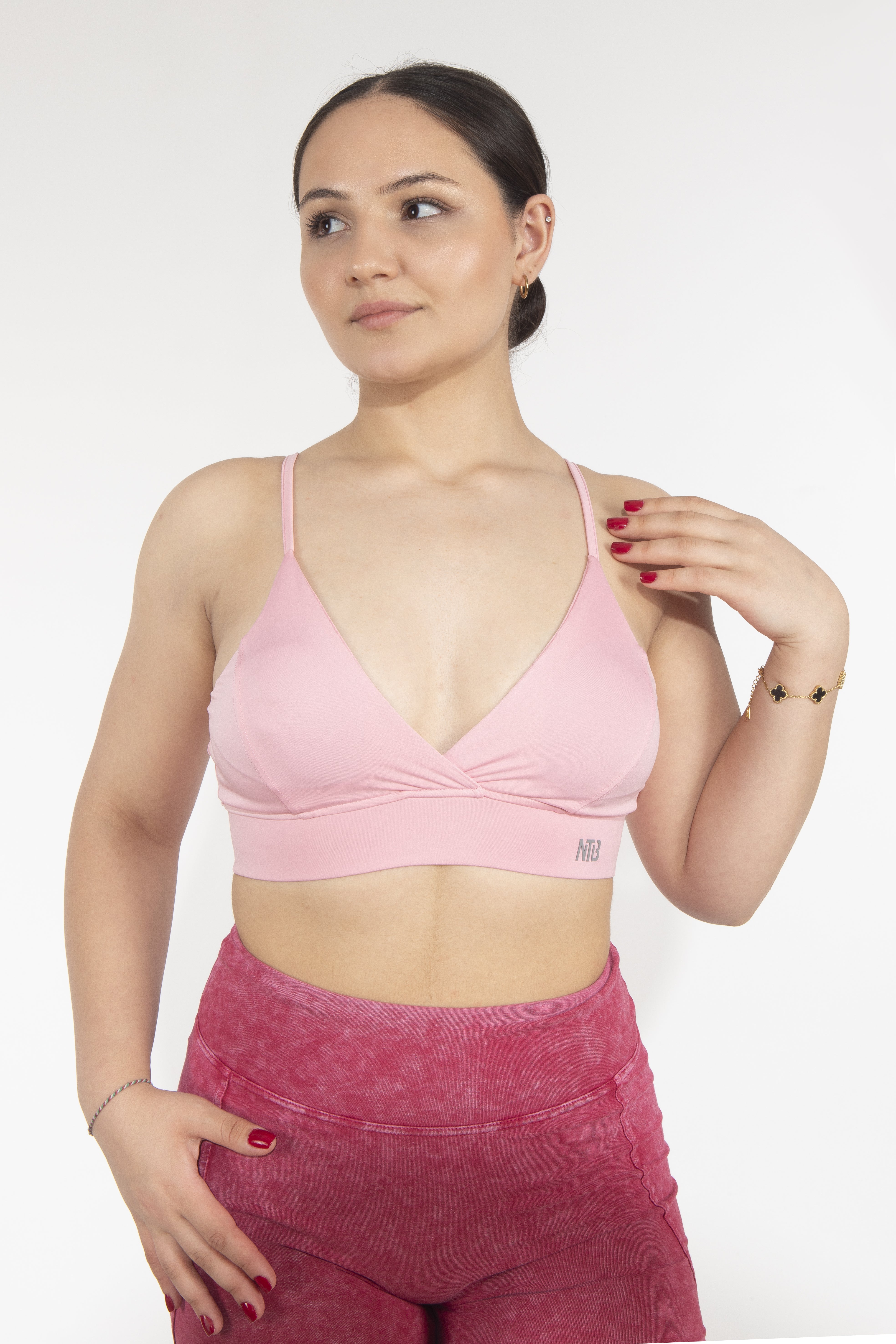 Dikişli Dekolteli Pink Sporcu Bra