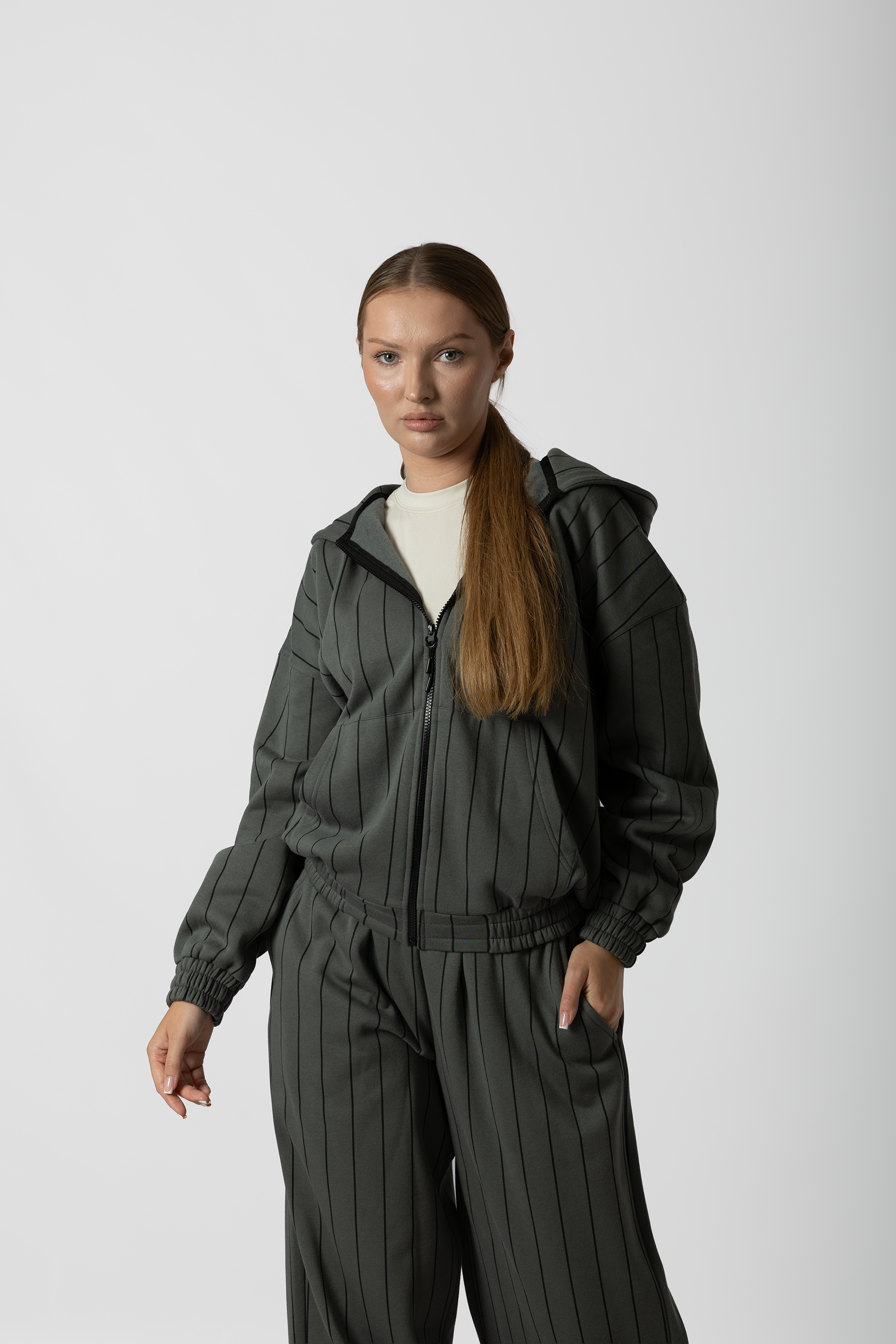 Yeşil Çizgili Hoodie Fermuarlı Kapüşonlu Kadın